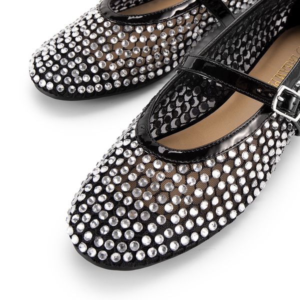 Mesh Mary Jane Ballet Flats - BLACK-RHINESTONE - 3